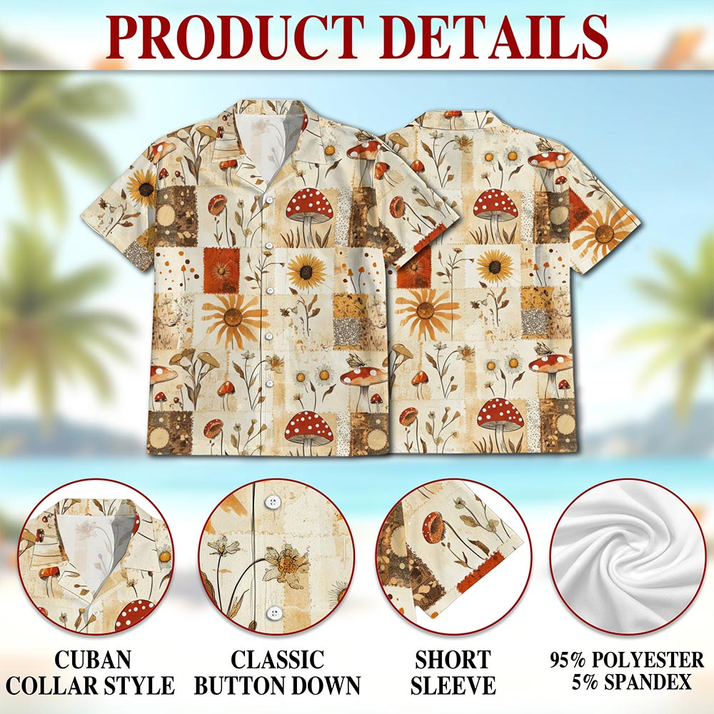 Netecom Mushroom Pattern Hawaiian Shirt for Men, Patchwork Retro Style, Button Down Summer Beach Short Sleeve, S-5XL