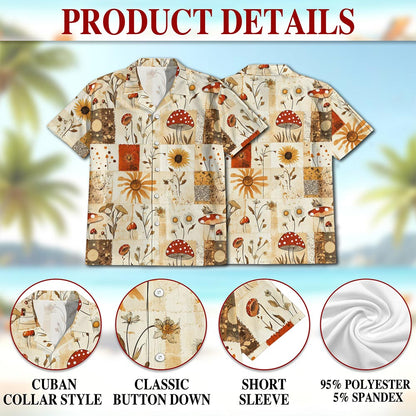 Netecom Mushroom Pattern Hawaiian Shirt for Men, Patchwork Retro Style, Button Down Summer Beach Short Sleeve, S-5XL