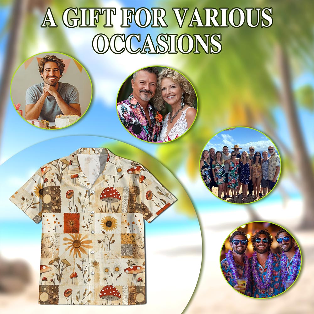 Netecom Mushroom Pattern Hawaiian Shirt for Men, Patchwork Retro Style, Button Down Summer Beach Short Sleeve, S-5XL