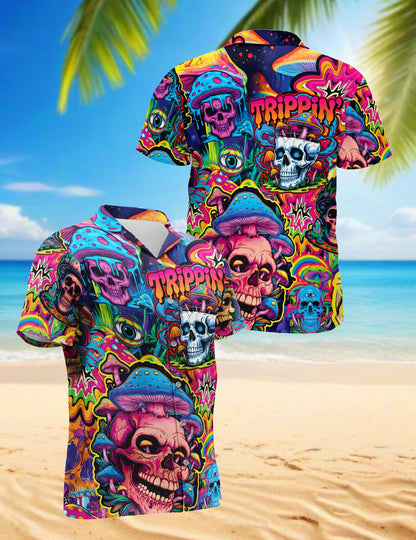 Netecom Mushroom Skull Trippy Hawaiian Shirt for Men, Mushroom Lover Gifts, Fungi Skull Button Down Summer Beach Shirts, S-5XL