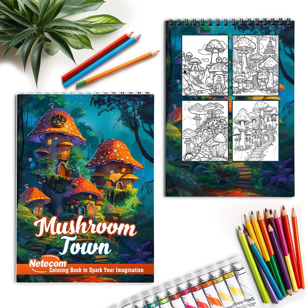 Netecom Mushroom Town Spiral Coloring Book for Adults