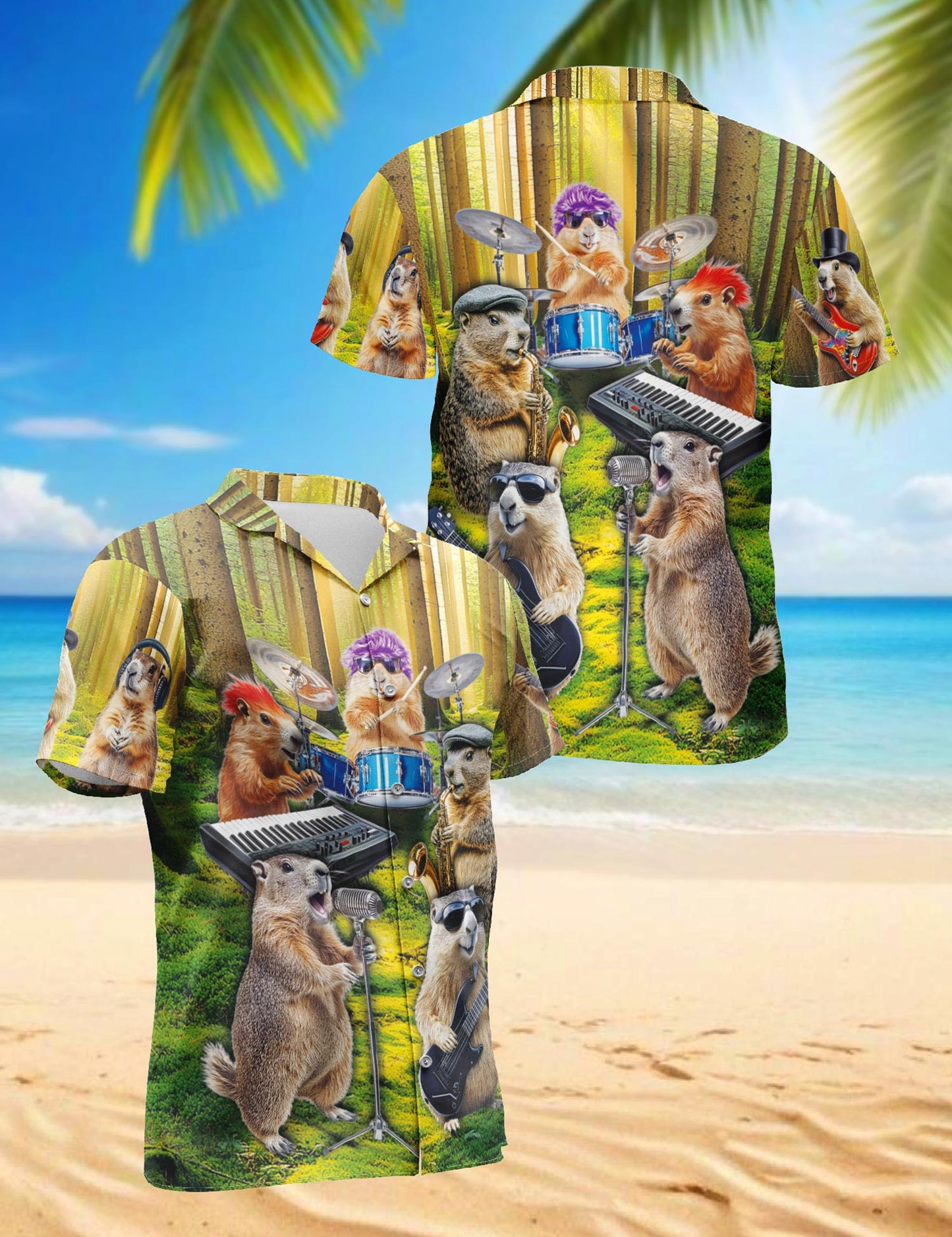 Netecom Musical Groundhog Hawaiian Shirt for Men, Funny Animal Music Style, Button Down Summer Beach Short Sleeve, S-5XL