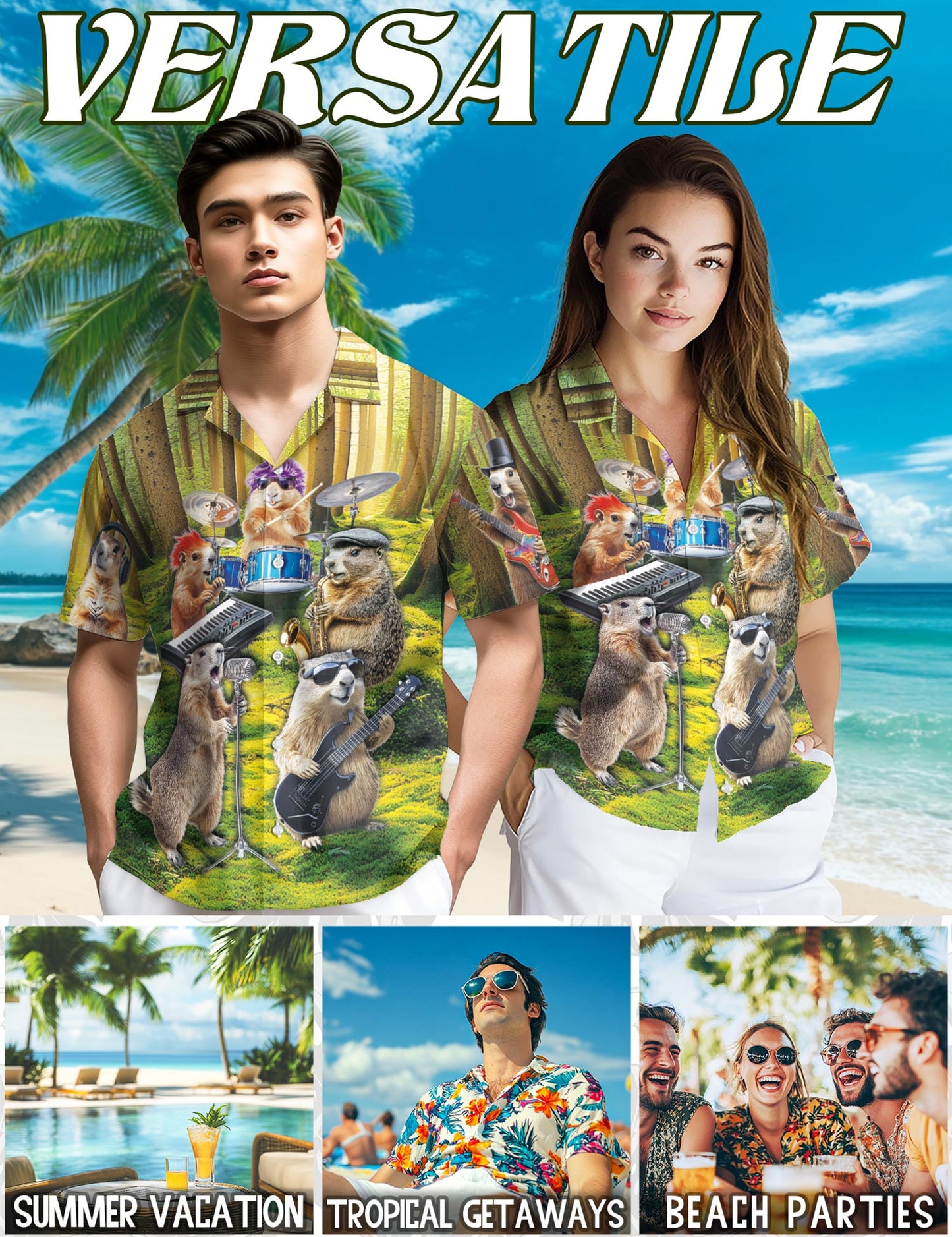 Netecom Musical Groundhog Hawaiian Shirt for Men, Funny Animal Music Style, Button Down Summer Beach Short Sleeve, S-5XL