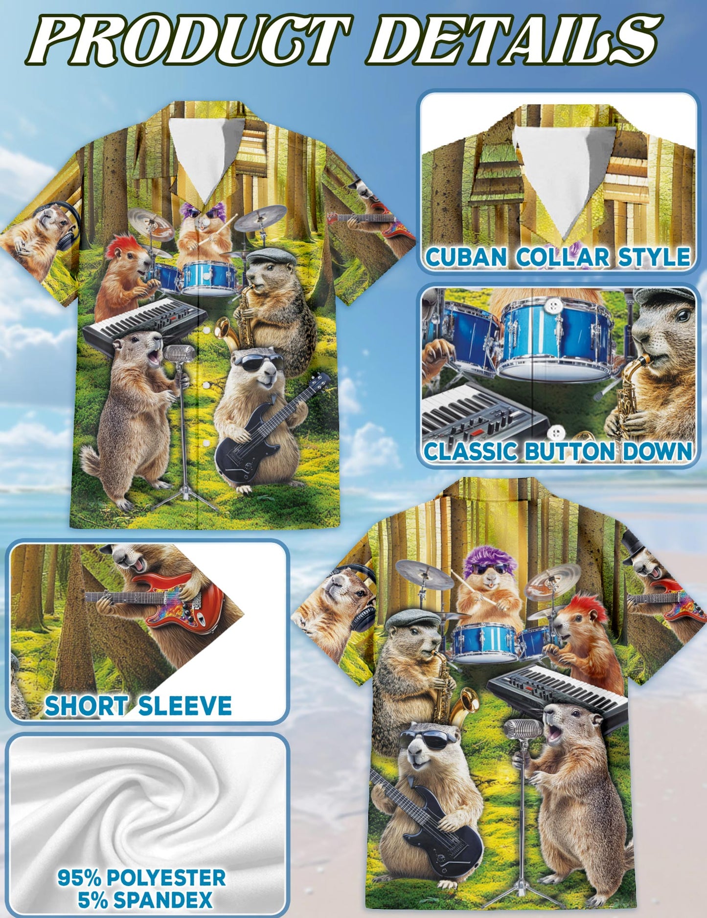 Netecom Musical Groundhog Hawaiian Shirt for Men, Funny Animal Music Style, Button Down Summer Beach Short Sleeve, S-5XL