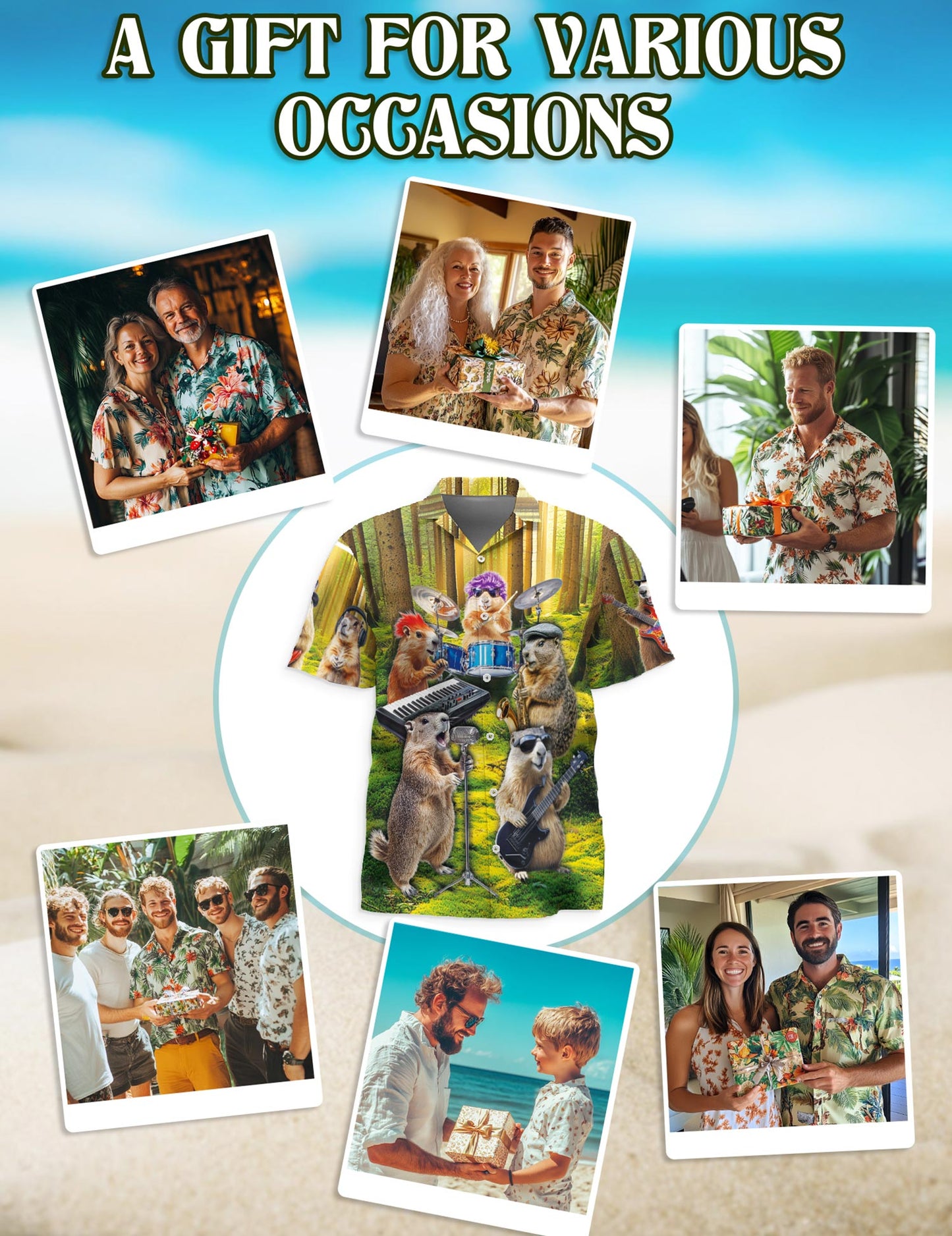 Netecom Musical Groundhog Hawaiian Shirt for Men, Funny Animal Music Style, Button Down Summer Beach Short Sleeve, S-5XL