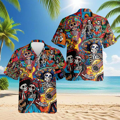 Netecom Musician Skull Hawaiian Shirt for Men, Music Lover Gifts, Playing Guitar Button Down Summer Aloha Beach Shirts, S-5XL