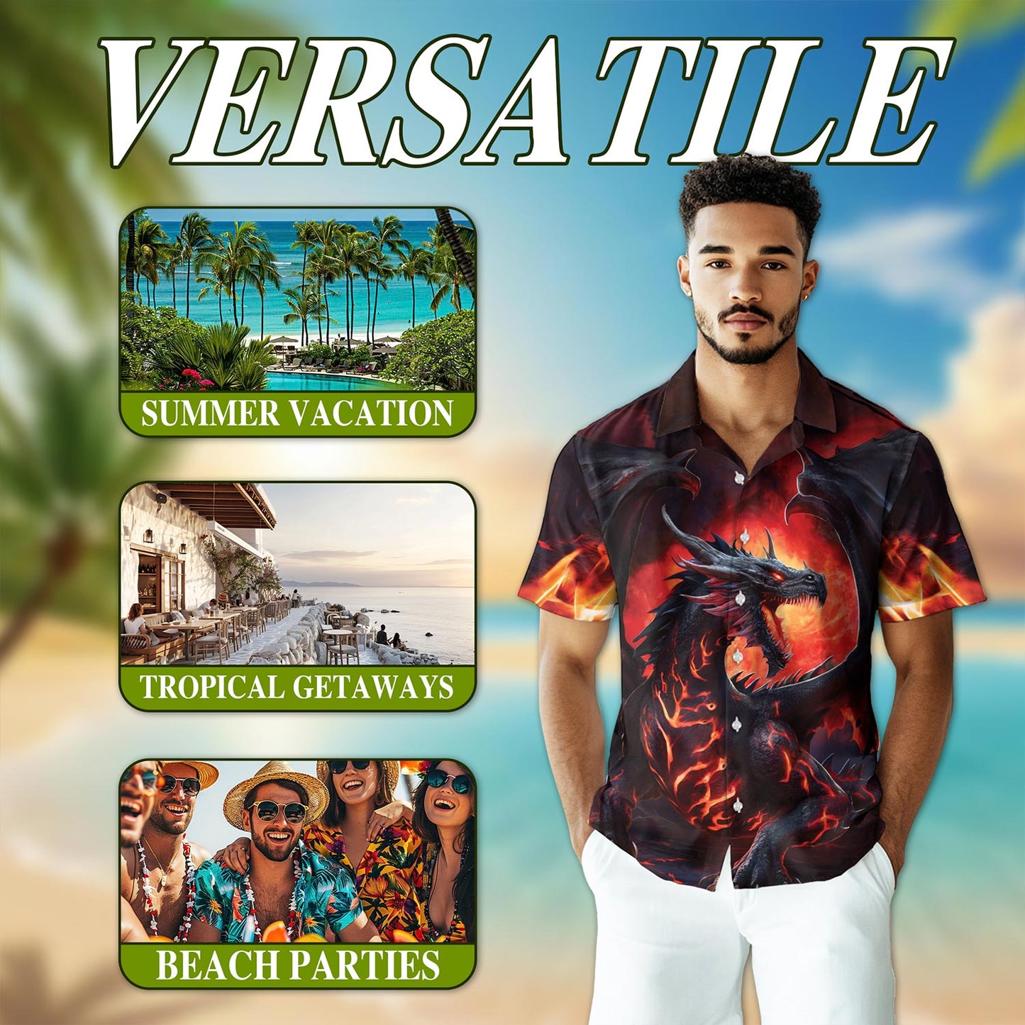 Netecom Mythical Dragon Hawaiian Shirt for Men, Button Down Summer Beach Short Sleeve, Sizes S-5XL