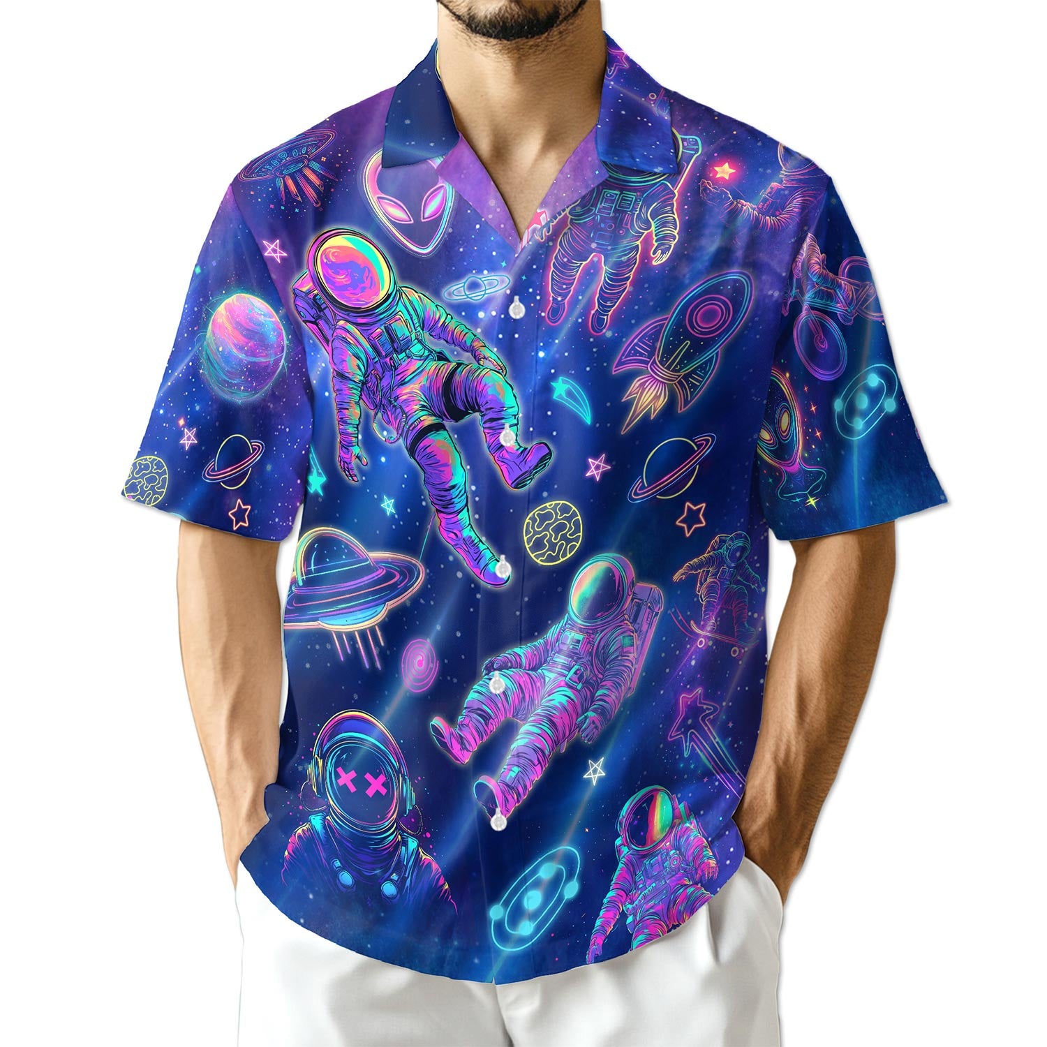 Netecom Neon Astronauts Planets Hawaiian Shirt for Men