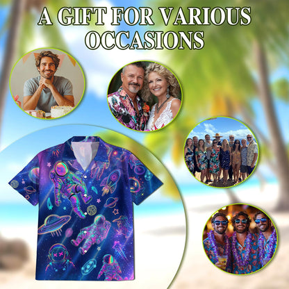 Netecom Neon Astronauts Planets Hawaiian Shirt for Men, Astronaut Science Space Button Down Summer Beach Short Sleeve, S-5XL