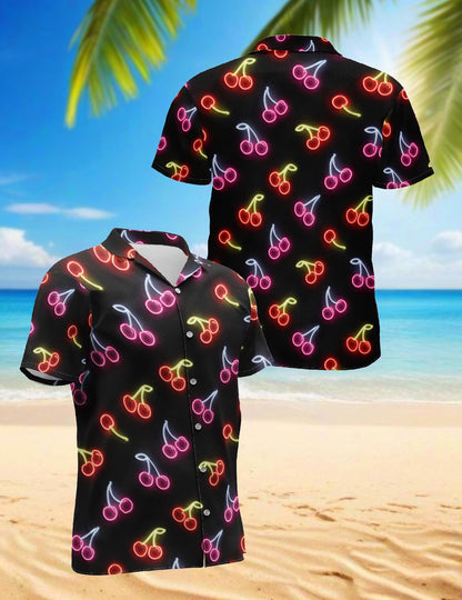 Netecom Neon Cherry Hawaiian Shirt for Men, Retro Style, Button Down Summer Beach Short Sleeve, S-5XL