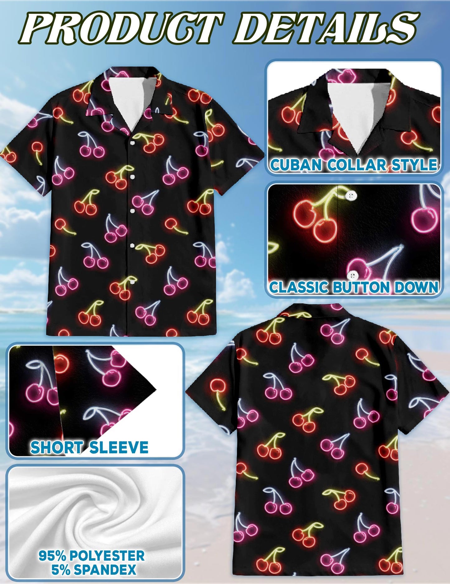 Netecom Neon Cherry Hawaiian Shirt for Men, Retro Style, Button Down Summer Beach Short Sleeve, S-5XL