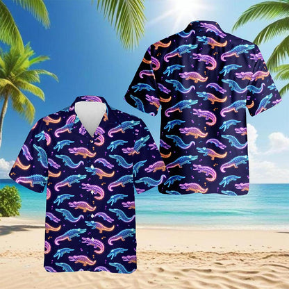 Netecom Crocodile Pattern Hawaiian Shirt for Men, Neon Style, Button Down Summer Beach Short Sleeve, S-5XL