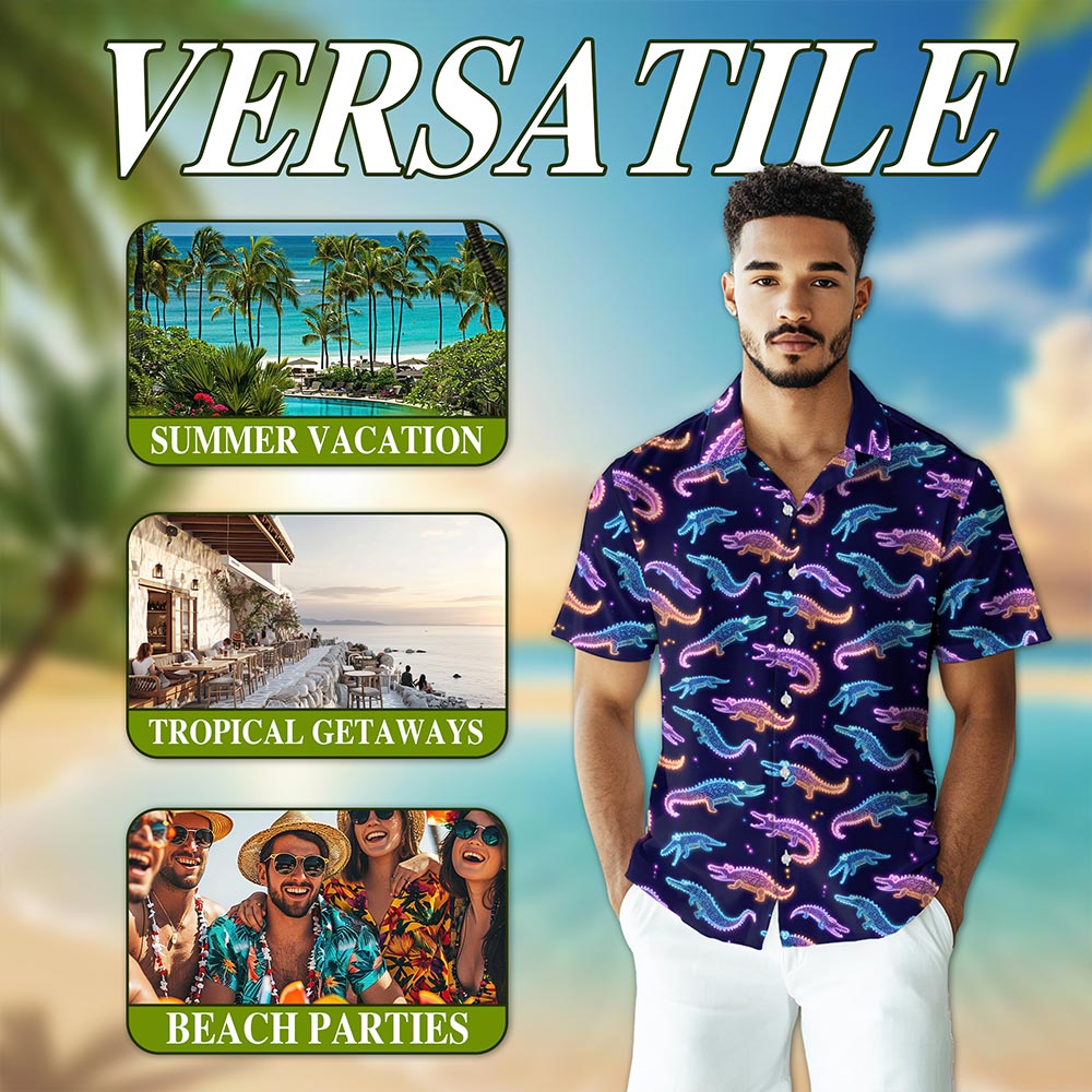 Netecom Crocodile Pattern Hawaiian Shirt for Men, Neon Style, Button Down Summer Beach Short Sleeve, S-5XL