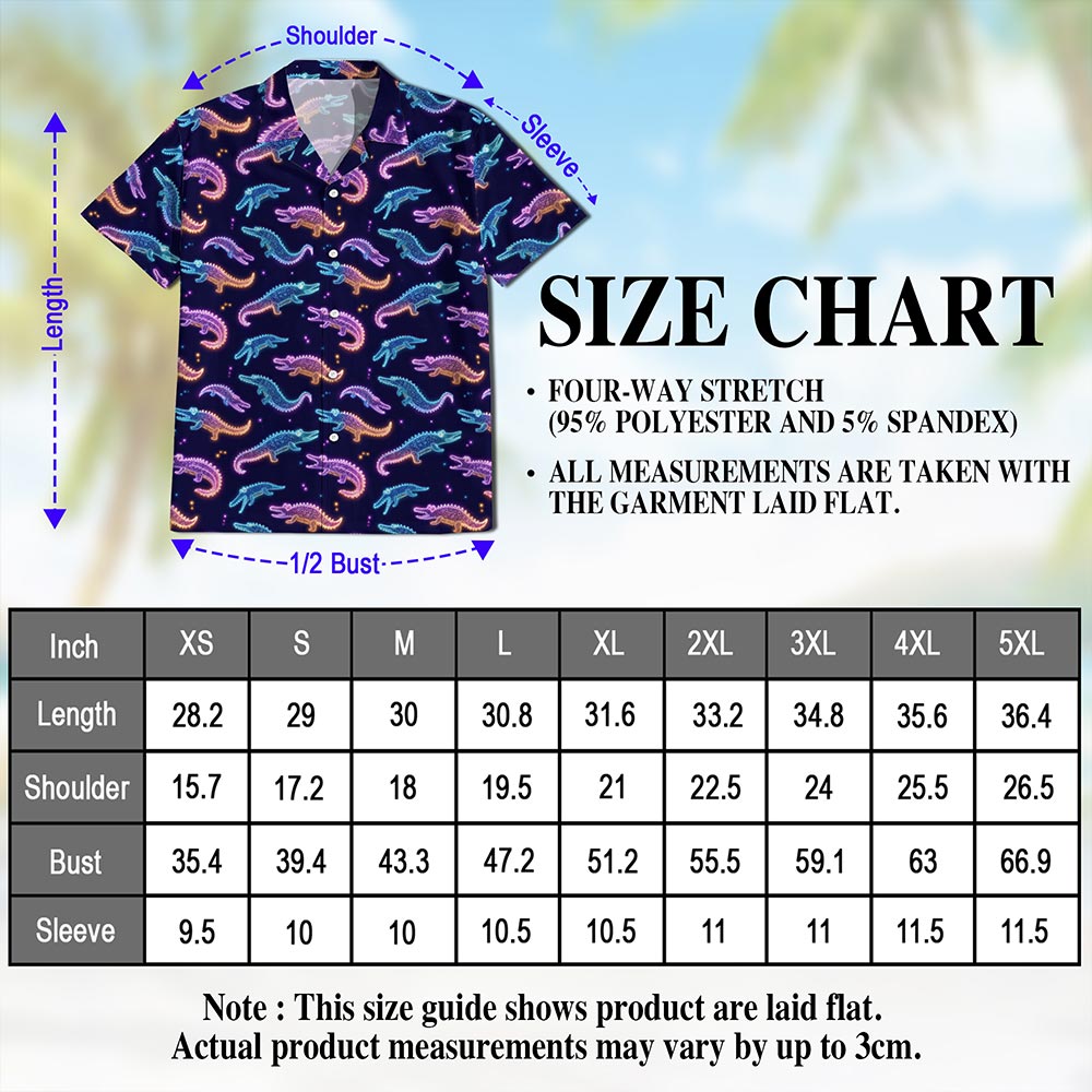 Netecom Crocodile Pattern Hawaiian Shirt for Men, Neon Style, Button Down Summer Beach Short Sleeve, S-5XL