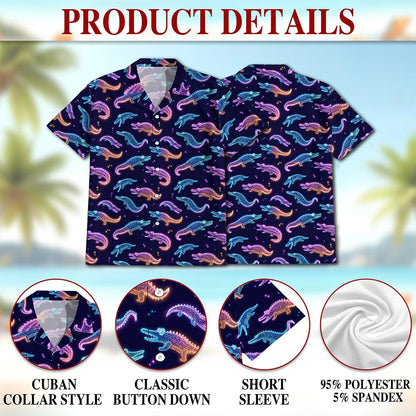 Netecom Crocodile Pattern Hawaiian Shirt for Men, Neon Style, Button Down Summer Beach Short Sleeve, S-5XL