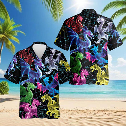 Netecom Neon Dragon Hawaiian Shirt for Men, Button Down Summer Beach Short Sleeve, S-5XL