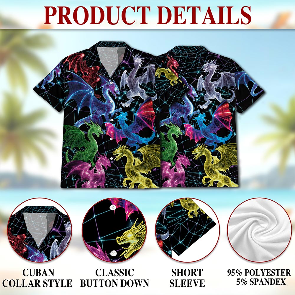 Netecom Neon Dragon Hawaiian Shirt for Men, Button Down Summer Beach Short Sleeve, S-5XL