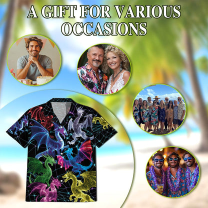 Netecom Neon Dragon Hawaiian Shirt for Men, Button Down Summer Beach Short Sleeve, S-5XL