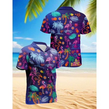 Netecom Neon Flamingo Hawaiian Shirt for Men, Button Down Summer Beach Short Sleeve, Tropical Style, Sizes S-5XL