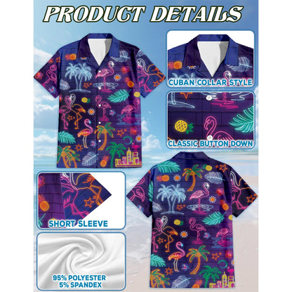 Netecom Neon Flamingo Hawaiian Shirt for Men, Button Down Summer Beach Short Sleeve, Tropical Style, Sizes S-5XL