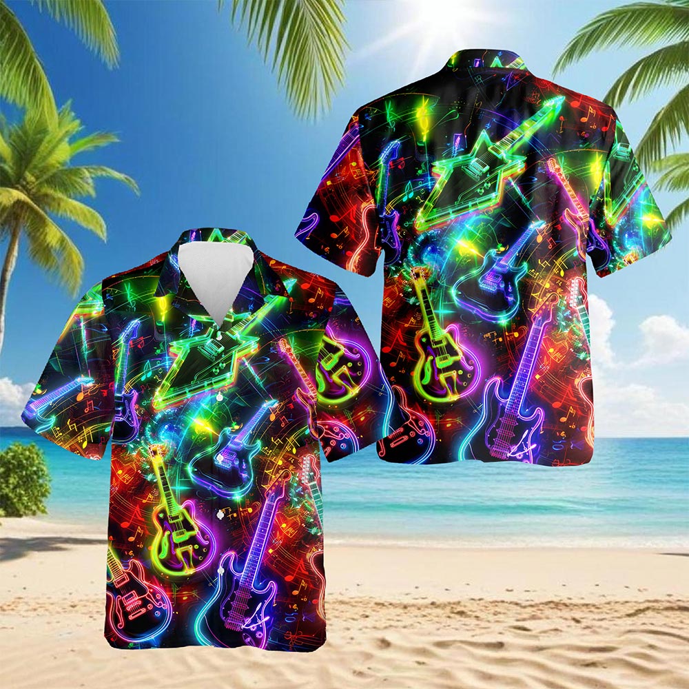 Netecom Neon Guitar Hawaiian Shirt for Men, Guitarists Gifts, Musical Instrument Button Down Summer Aloha Beach Shirts, S-5XL