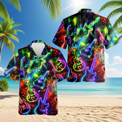 Netecom Neon Guitar Hawaiian Shirt for Men, Guitarists Gifts, Musical Instrument Button Down Summer Aloha Beach Shirts, S-5XL