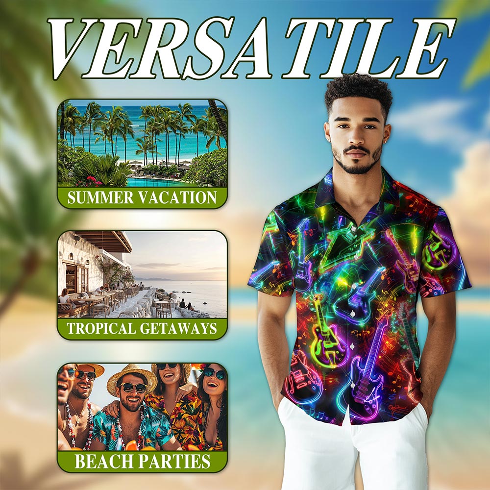 Netecom Neon Guitar Hawaiian Shirt for Men, Guitarists Gifts, Musical Instrument Button Down Summer Aloha Beach Shirts, S-5XL