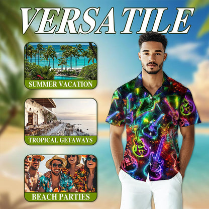 Netecom Neon Guitar Hawaiian Shirt for Men, Guitarists Gifts, Musical Instrument Button Down Summer Aloha Beach Shirts, S-5XL