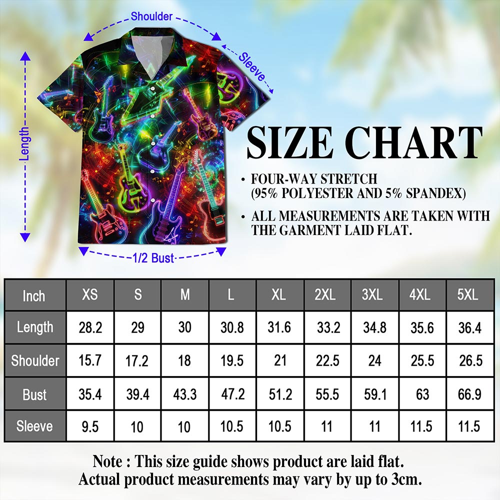 Netecom Neon Guitar Hawaiian Shirt for Men, Guitarists Gifts, Musical Instrument Button Down Summer Aloha Beach Shirts, S-5XL