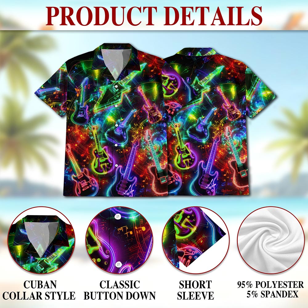 Netecom Neon Guitar Hawaiian Shirt for Men, Guitarists Gifts, Musical Instrument Button Down Summer Aloha Beach Shirts, S-5XL