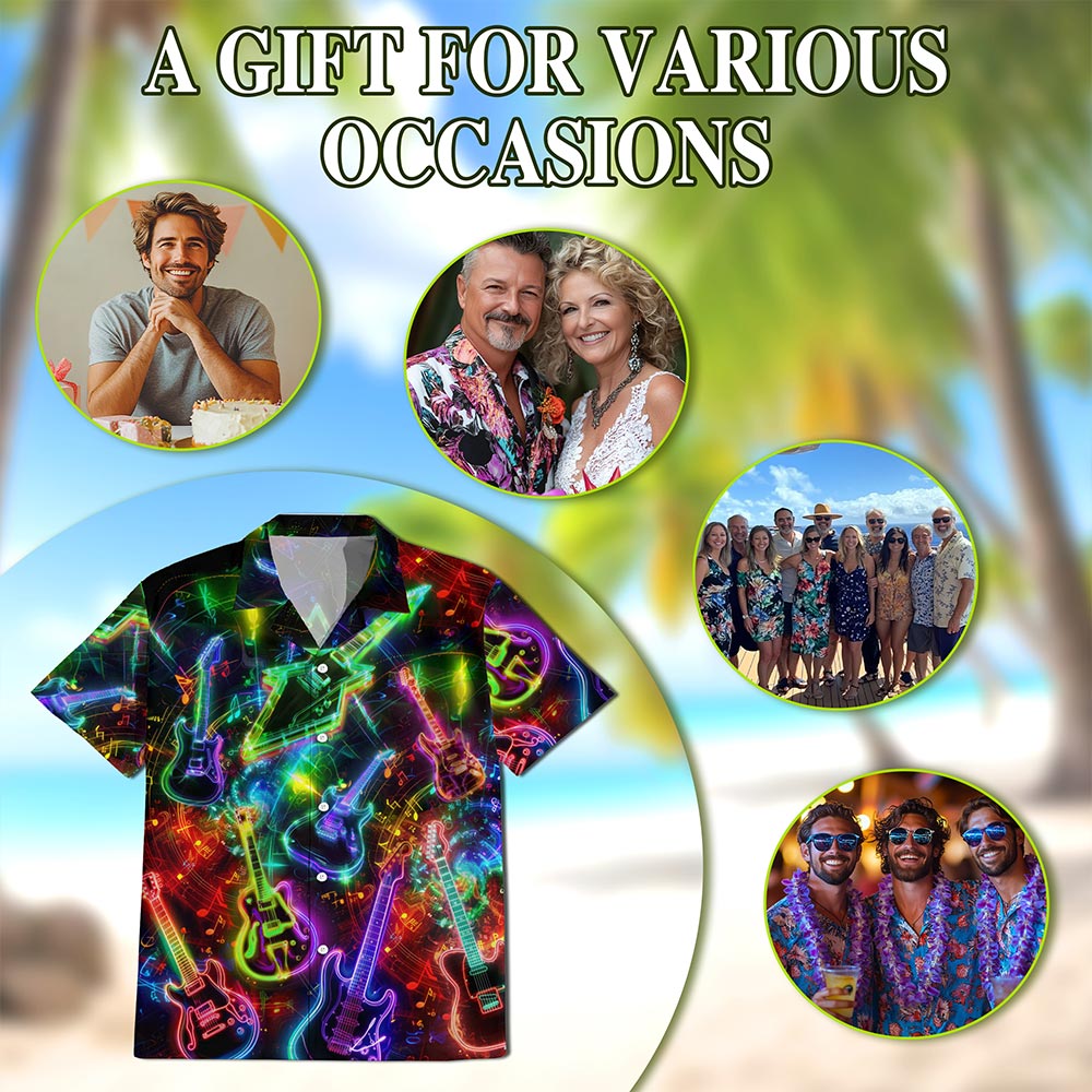 Netecom Neon Guitar Hawaiian Shirt for Men, Guitarists Gifts, Musical Instrument Button Down Summer Aloha Beach Shirts, S-5XL