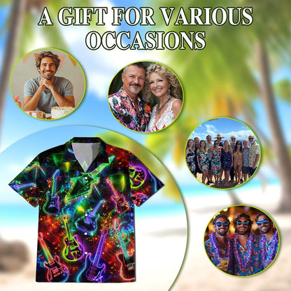 Netecom Neon Guitar Hawaiian Shirt for Men, Guitarists Gifts, Musical Instrument Button Down Summer Aloha Beach Shirts, S-5XL