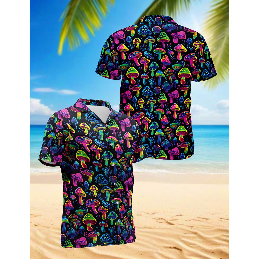 Netecom Neon Mushroom Hawaiian Shirt for Men, Button Down Summer Beach Short Sleeve, Mushroom Lover Gifts, S-5XL