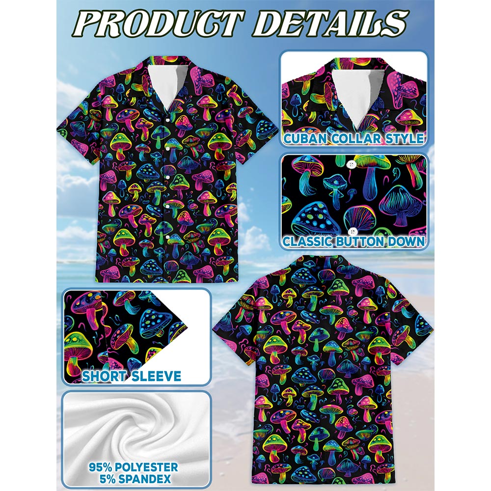 Netecom Neon Mushroom Hawaiian Shirt for Men, Button Down Summer Beach Short Sleeve, Mushroom Lover Gifts, S-5XL