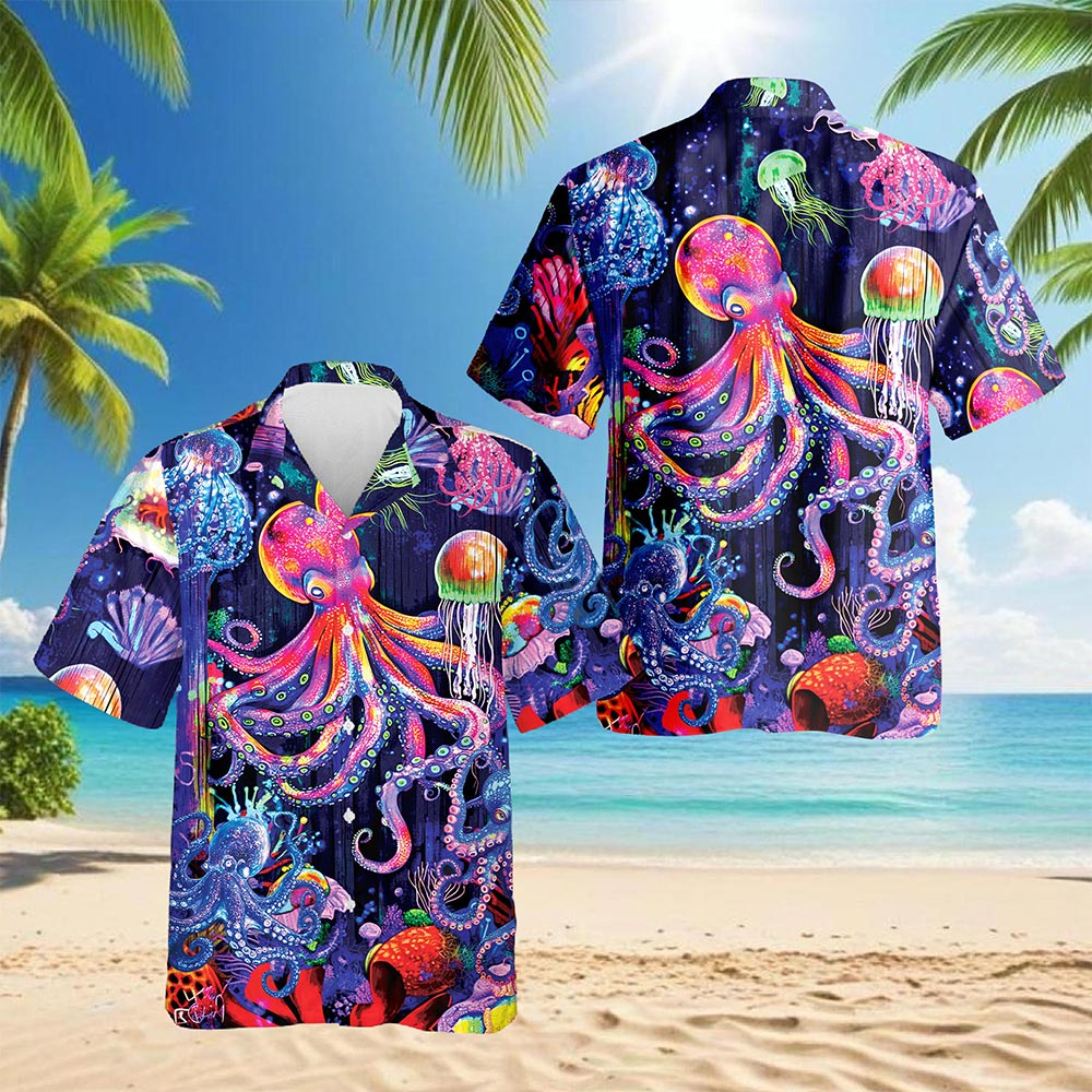 Netecom Neon Octopus Hawaiian Shirt for Men, Animal Lover Gifts, Colorful Octopus Button Down Summer Beach Shirts, S-5XL