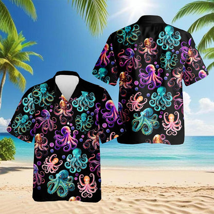 Netecom Neon Octopus Hawaiian Shirt for Men, Vintage Style, Button Down Summer Beach Short Sleeve, S-5XL
