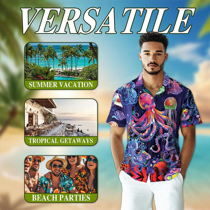 Netecom Neon Octopus Hawaiian Shirt for Men, Animal Lover Gifts, Colorful Octopus Button Down Summer Beach Shirts, S-5XL