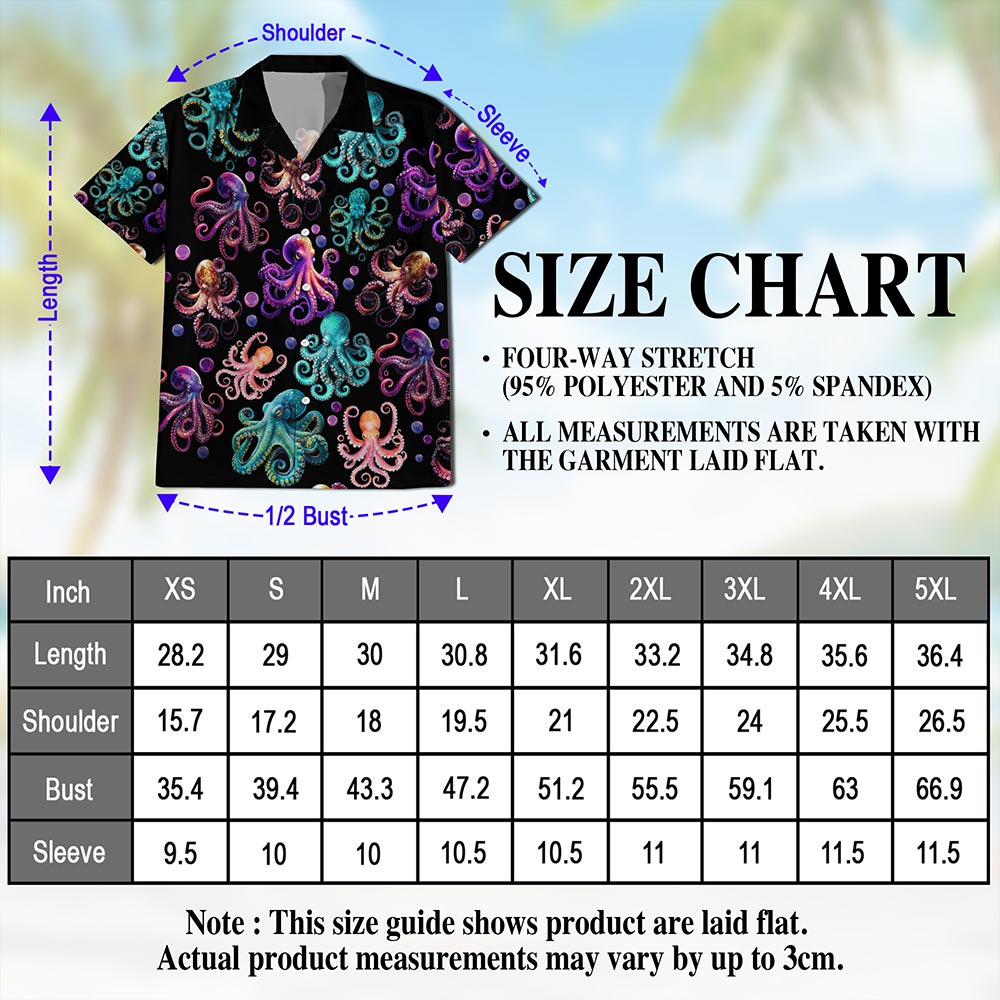 Netecom Neon Octopus Hawaiian Shirt for Men, Vintage Style, Button Down Summer Beach Short Sleeve, S-5XL
