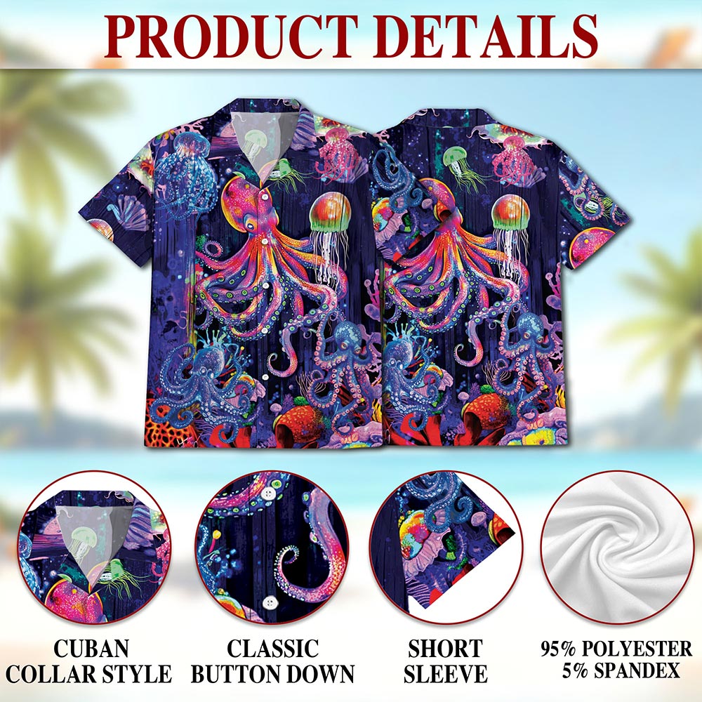 Netecom Neon Octopus Hawaiian Shirt for Men, Animal Lover Gifts, Colorful Octopus Button Down Summer Beach Shirts, S-5XL