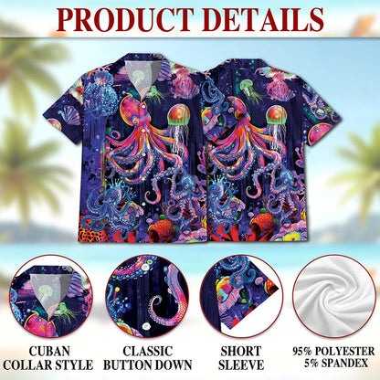 Netecom Neon Octopus Hawaiian Shirt for Men, Animal Lover Gifts, Colorful Octopus Button Down Summer Beach Shirts, S-5XL