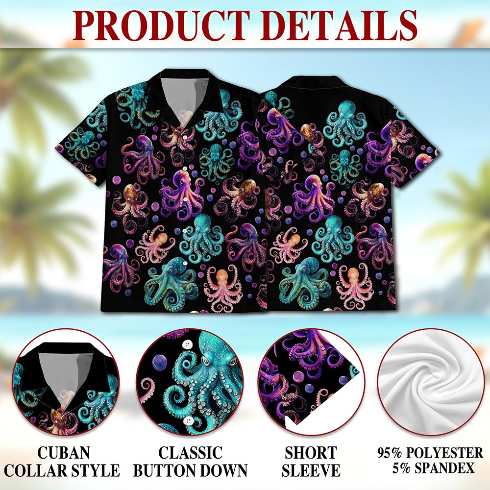 Netecom Neon Octopus Hawaiian Shirt for Men, Vintage Style, Button Down Summer Beach Short Sleeve, S-5XL