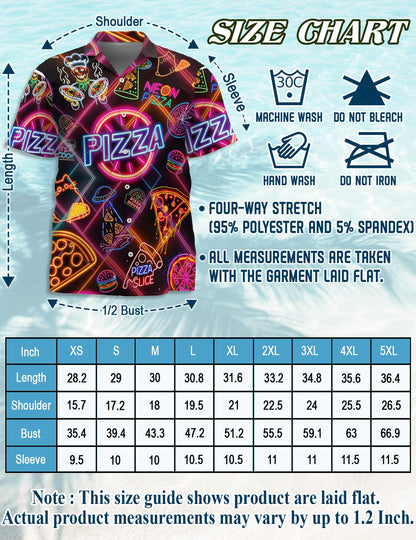 Netecom Neon Pizza Hawaiian Shirt for Men, Retro Foodie Style, Button Down Summer Beach Short Sleeve, S-5XL