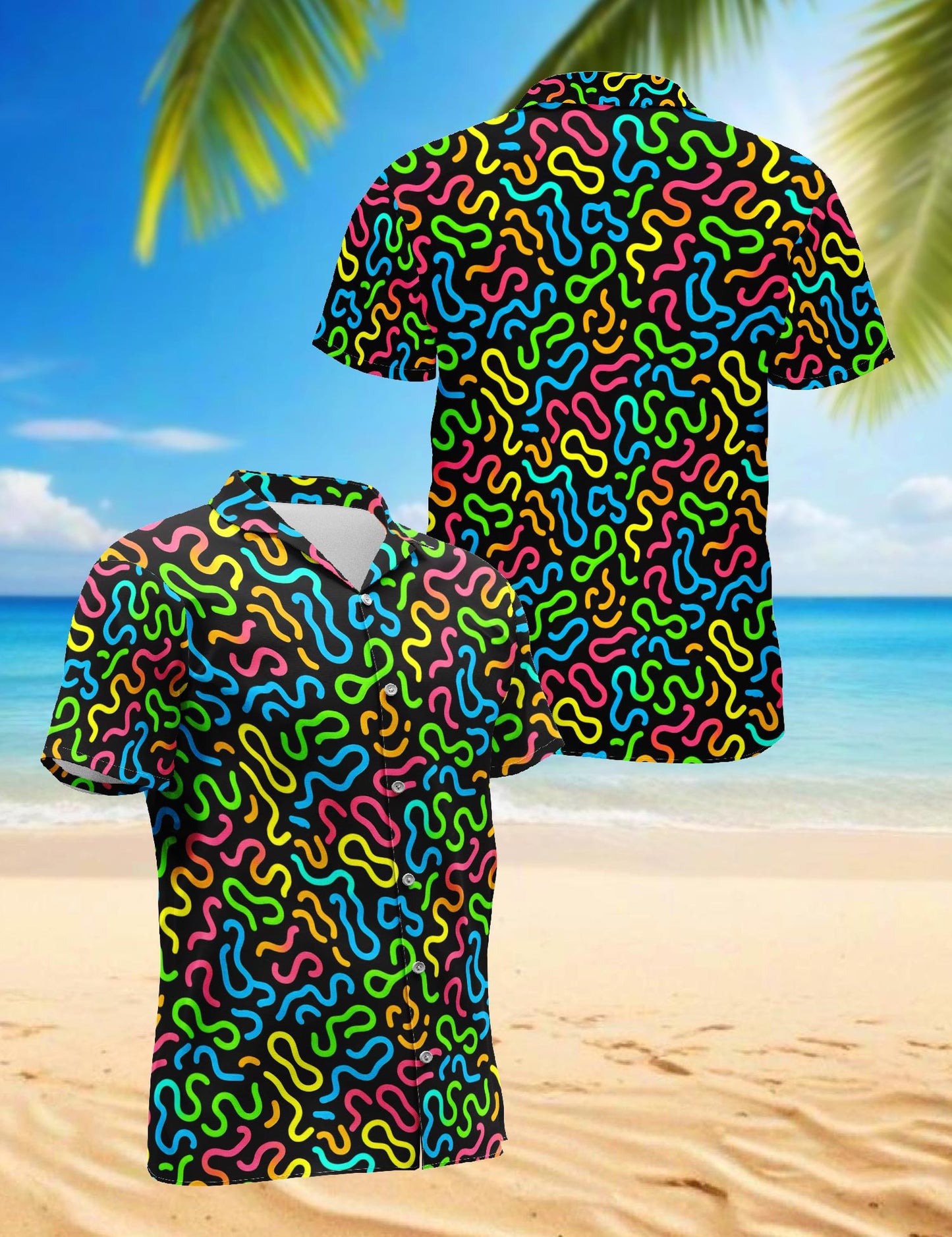 Netecom Neon Scribble Art Hawaiian Shirt for Men, Vintage Style, Button Down Summer Beach Short Sleeve, S-5XL