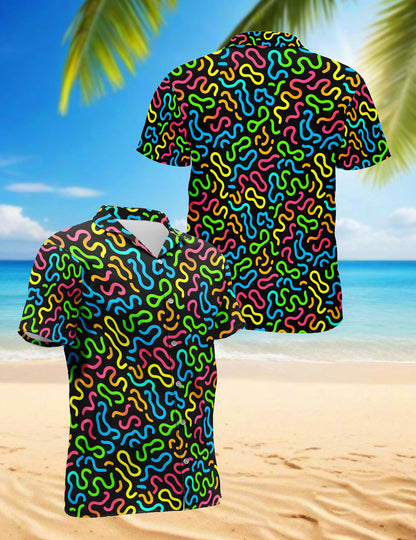 Netecom Neon Scribble Art Hawaiian Shirt for Men, Vintage Style, Button Down Summer Beach Short Sleeve, S-5XL