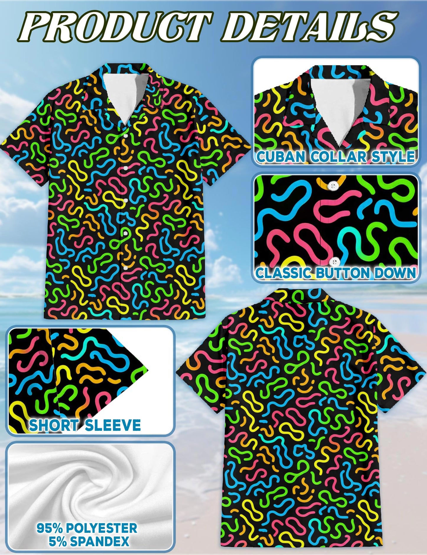 Netecom Neon Scribble Art Hawaiian Shirt for Men, Vintage Style, Button Down Summer Beach Short Sleeve, S-5XL