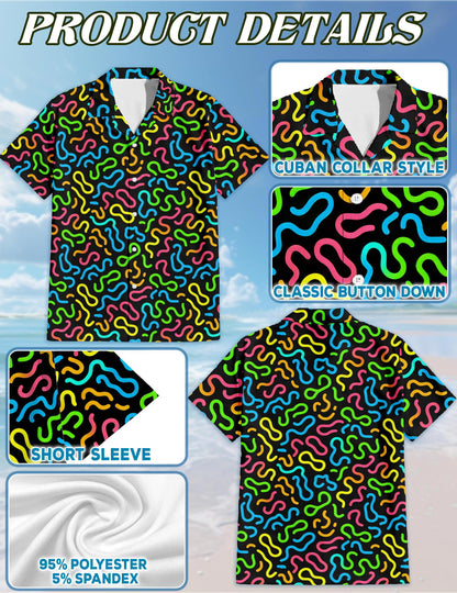 Netecom Neon Scribble Art Hawaiian Shirt for Men, Vintage Style, Button Down Summer Beach Short Sleeve, S-5XL