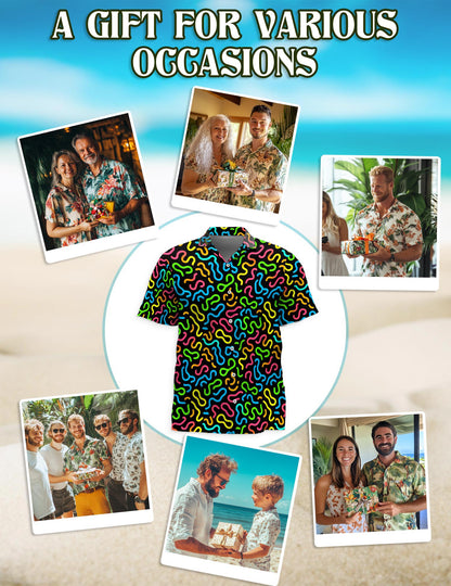 Netecom Neon Scribble Art Hawaiian Shirt for Men, Vintage Style, Button Down Summer Beach Short Sleeve, S-5XL