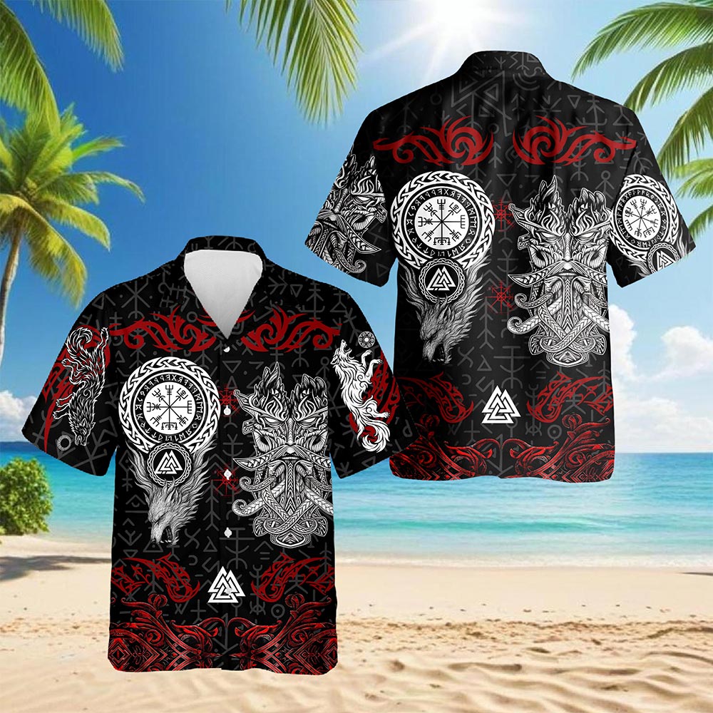 Netecom Norse History Viking Fenrir Hawaiian Shirt for Men, Mythical Warrior Style, Button Down Summer Beach Short Sleeve, S-5XL