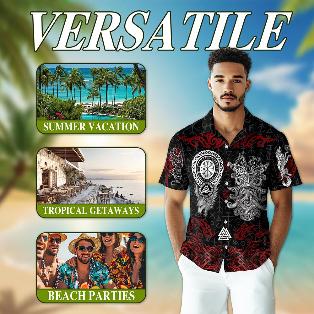 Netecom Norse History Viking Fenrir Hawaiian Shirt for Men, Mythical Warrior Style, Button Down Summer Beach Short Sleeve, S-5XL