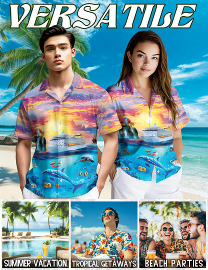 Netecom Ocean Cruise Adventure Hawaiian Shirt for Men, Sunset Sea Life Style, Button Down Summer Beach Short Sleeve, S-5XL